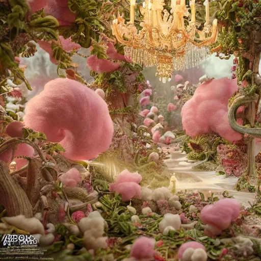 Image similar to cotton candy forrest by artem chebokha and aerroscape, intricate detail, finely detailed, small details, extra detail, photorealistic, high resolution, vray, hdr, hyper detailed, insane details, intricate, elite, ornate, elegant, luxury, dramatic lighting, octane render, weta digital, micro details, 3 d sculpture