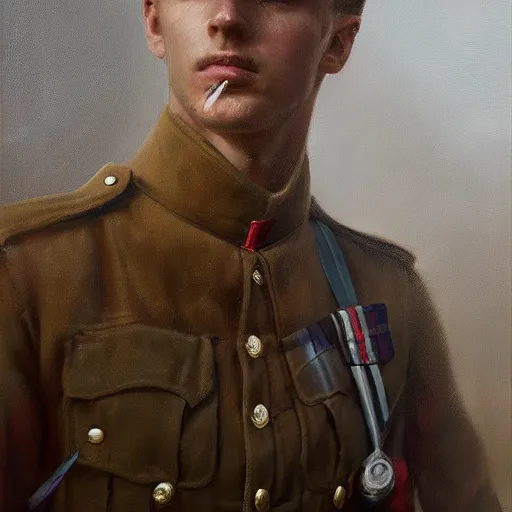 Image similar to a dramatic epic ethereal portrait of a British WWI soldier, young male, detailed face, 20th century, cinematic lighting, highly detailed oil on canvas painting by Greg Rutkowski, winning-award digital art trending on Artstation