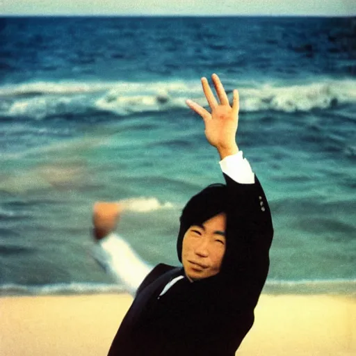 Prompt: japanese man with long hair in a suit standing in the ocean pointing!!!!!! at the camera, sunset, album cover, 1980, tatsuro yamashita