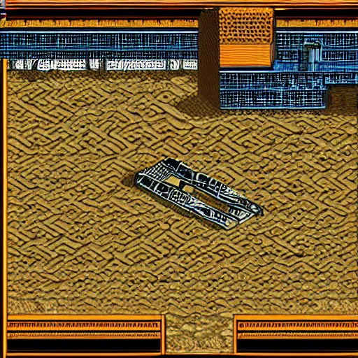 Image similar to HD 16-bit vivid art, of Dune 2 mentat and harvester, at Arrakis, 1990s 2D game graphics, many round shihing gems at the golden border frame