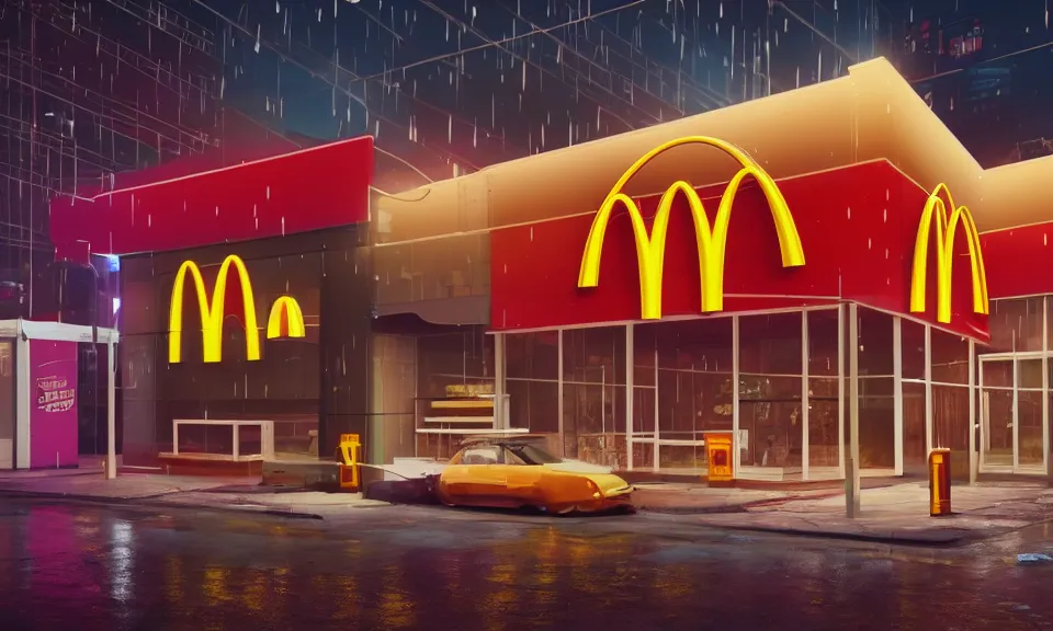 Prompt: exterior shot of a mcdonalds in a cyberpunk city, at night, neon lights, light bloom, octane render, rainy, reflections