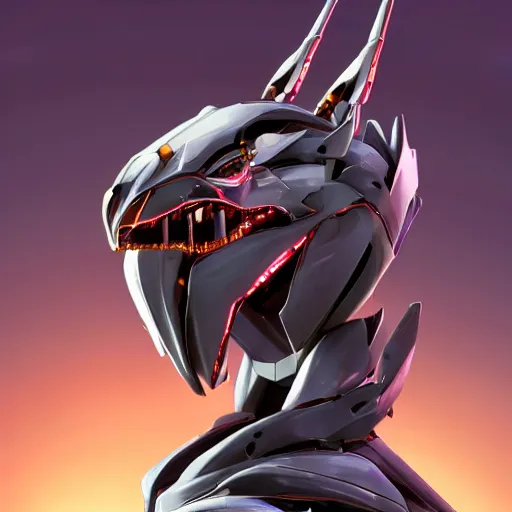 Prompt: bust of a beautiful anthropomorphic humanoid robotic mecha female dragon, with smooth and streamlined armor, standing and posing elegantly, well detailed dragon head with LED eyes and a maw, sharp and dangerous sleek design, two arms, two legs, long tail, beautiful digital art, artstation, DeviantArt, FurAffinity, professional, octane render, sunset lighting