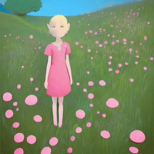 Prompt: organic by goro fujita. a digital art of a young girl with blonde hair, blue eyes, & a pink dress. she is standing in a meadow with flowers & trees.