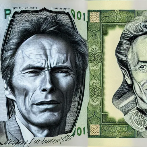 Image similar to a £ 2 0 pound note with clint eastwood instead of the queens head