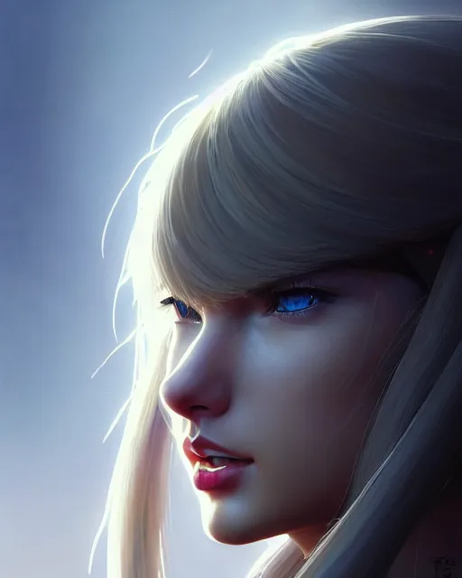 Image similar to azctec warrior, taylor swift, detailed perfect face, exquisite details, fire magic, mid view, design on a white background, by studio muti, greg rutkowski makoto shinkai takashi takeuchi studio ghibli