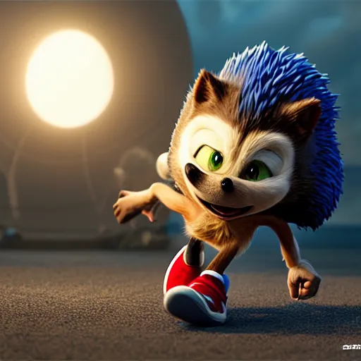 Image similar to hyperrealistic sonic the hedgehog running, stunning 3 d render inspired by istvan sandorfi & greg rutkowski & mike judge, perfect symmetry, dim volumetric cinematic lighting, 8 k octane comprehensive render, extremely mega hyper - detailed and lifelike attributes & atmosphere, intricate, realistic flesh texture, masterpiece, artstation, stunning,