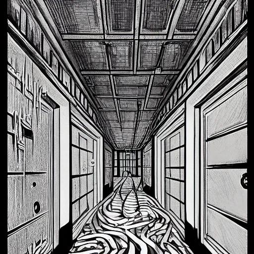 Prompt: a huge bright maze of many doorways and lots of stairs, many doorways, inside a giant mansion, artstation, Junji Ito, epic composition