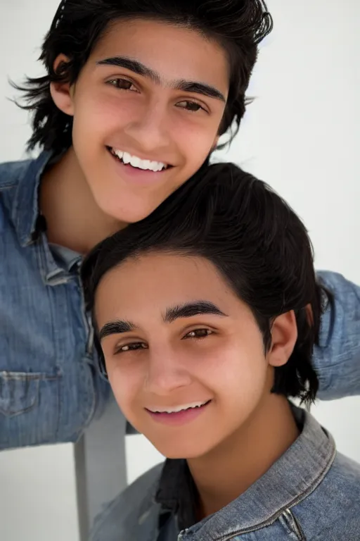 Image similar to close up headshot of an androgynous Hispanic teen with medium length slightly wavy black hair a wide smile brown eyes a small nose tidy plucked eyebrows dark brown eyes and a diamond shaped face, high resolution film still, 8k, HDR color, gazing dark brown eyes, high cheek bones, trimmed eyebrows