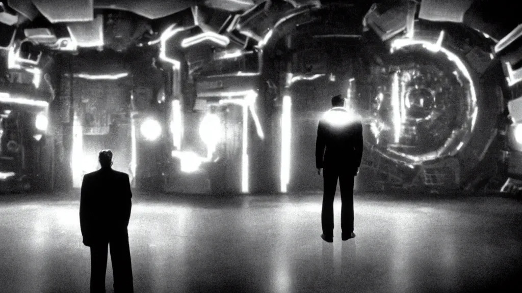 Image similar to movie scene of a man standing in front of a multiverse machine, movie still, cinematic composition, cinematic light, by David Lynch