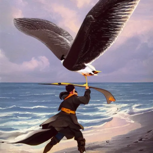 Prompt: a man riding a seagull into battle, anime