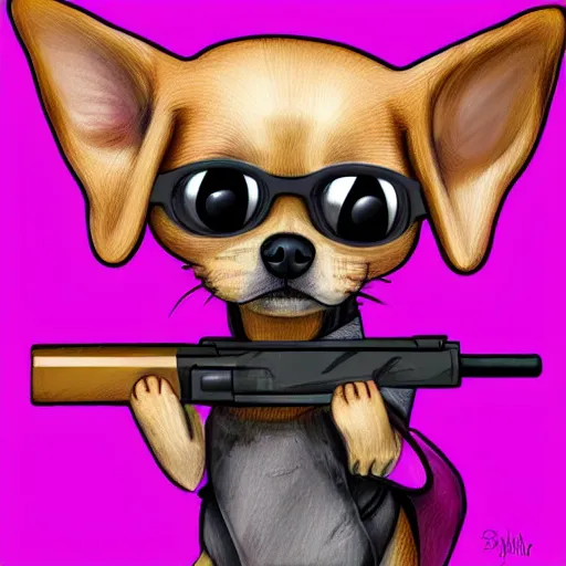 Image similar to cute chihuahua holding a sniper rifle, digital art