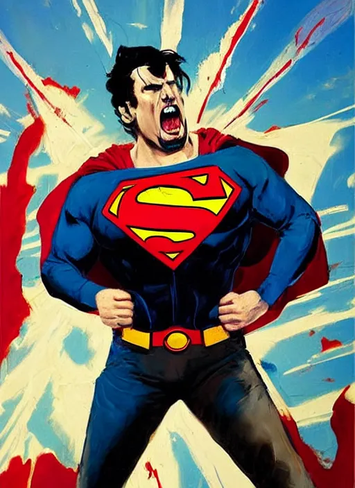 Prompt: angry joe screaming, superman shirt, leather jacket, painting by phil hale, fransico goya,'action lines '!!!, graphic style, visible brushstrokes, motion blur, blurry