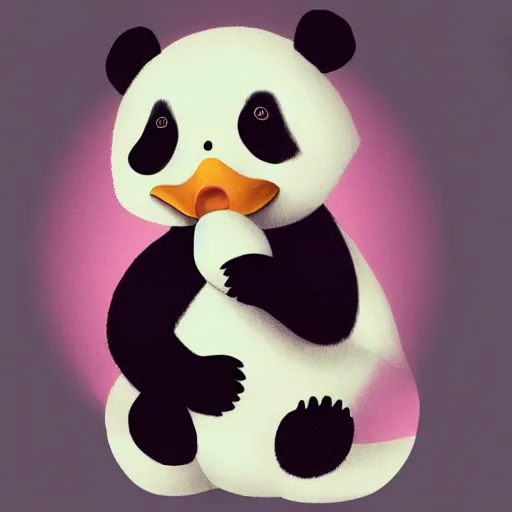 Image similar to panda bear hugging a white duck, digital art, stylized painting, trending on artstation, award winning art, cute pastel colors