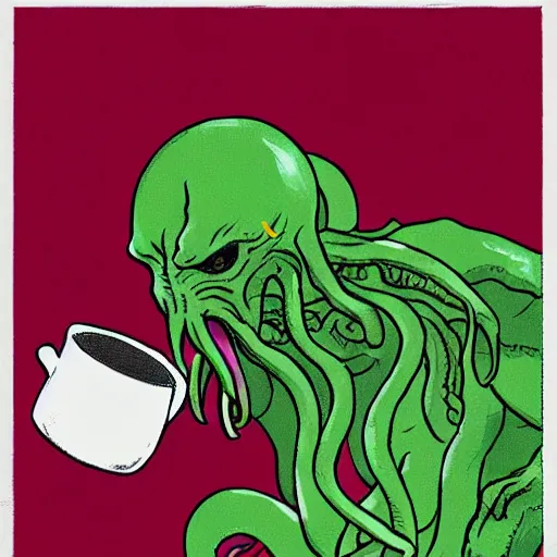 Image similar to A portrait of Cthulhu making a cup of tea and chilling out