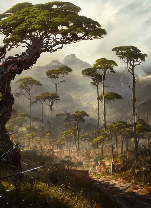 Image similar to hyper realistic robot attacking cape town city beautiful details, gnarly trees, strong composition, poster painted by greg rutkowski, concept art, arcane style, hearthstone wizards of the coast norman rockwell, james gurney and greg rutkowski weta studio, and lucasfilm and best of artstation