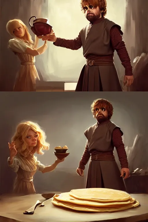 Image similar to tyrion lannister making pancakes animation pixar style, by magali villeneuve, artgerm, jeremy lipkin and michael garmash, rob rey and kentaro miura style, golden ratio, trending on art station