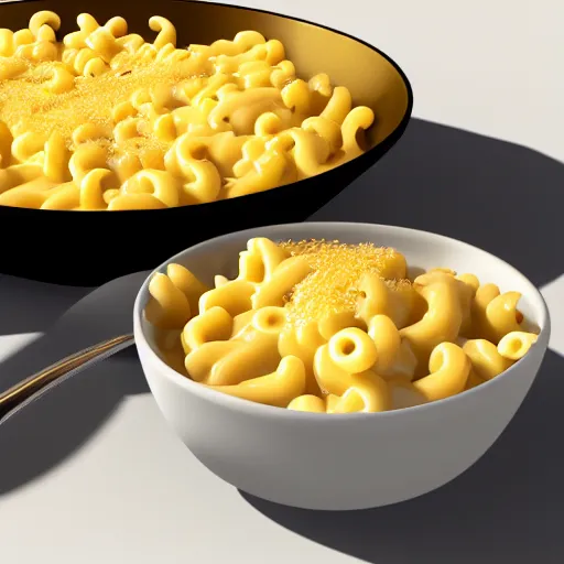 Prompt: A bowl of Mac and cheese, hyper realistic, ray tracing, gold yellow cheese,