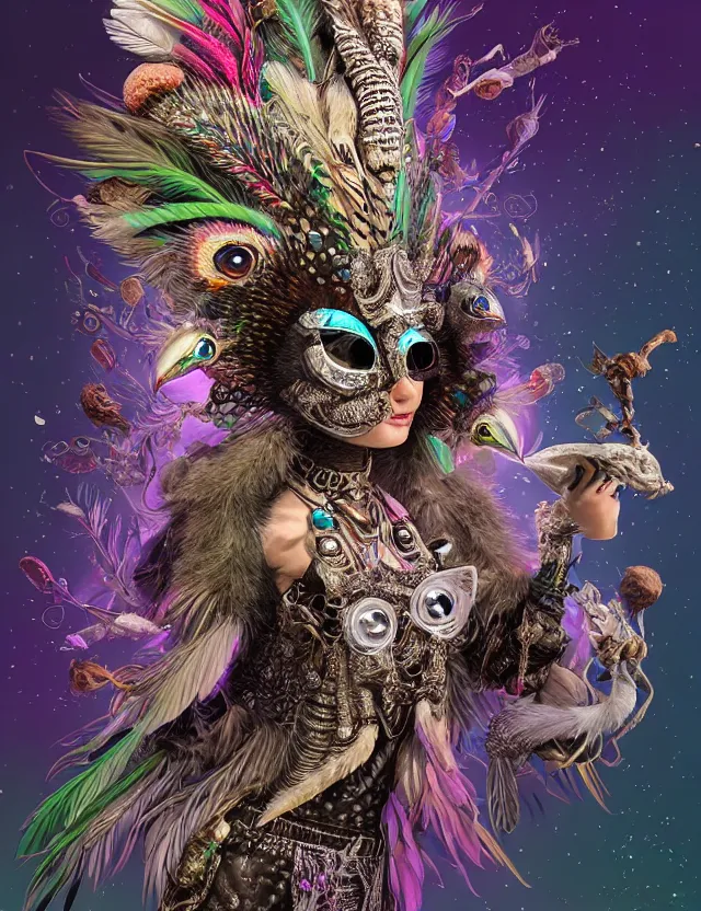 Image similar to 3 d goddess wide angle portrait with feathers, fur, and bones. beautiful intricately detailed avante garde kookaburra mask and retrowave sorceress outfit. lizard, reflective chitin, optical mineralogy, mycelium, mushrooms, plasma, creature, artwork by tooth wu and android jones wlop and android jones and beeple and greg rutkowski