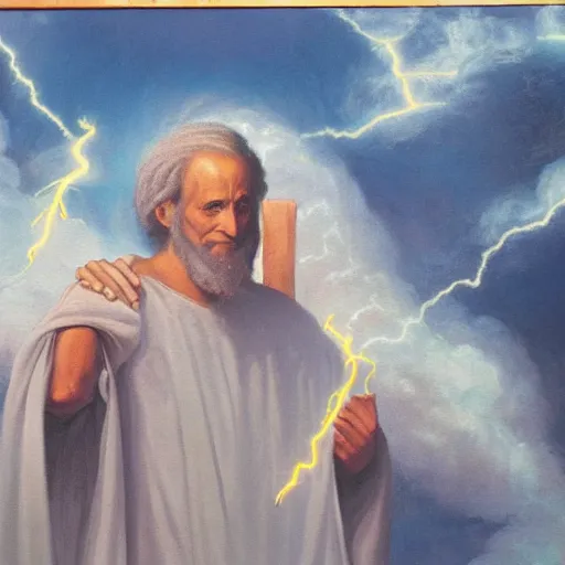 Image similar to A painting of Moses holding up the ten commandments with lightning, fire and pillars of smoke