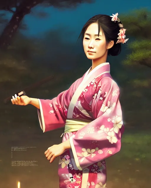 Image similar to a beautiful okinawa girl wear elegant yukata in festival | | summer night, realistic shaded, pleasant face, good looking, fine details, 4 k realistic, cryengine, realistic shaded lighting poster by greg rutkowski, magali villeneuve, artgerm, jeremy lipkin and michael garmash and rob rey