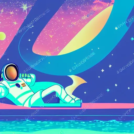 Image similar to an astronaut lounging in a tropical resort in space in a vaporwave style