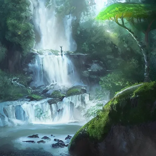 Prompt: slender dragon relaxing by a waterfall, digital painting, artstation, art by Jaime Jones
