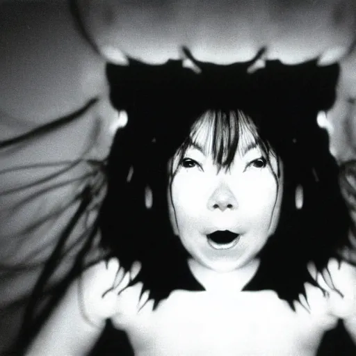 Image similar to Bjork climbs out of your TV screen towards you like Sadako, J-Horror, 90s, 35mm film