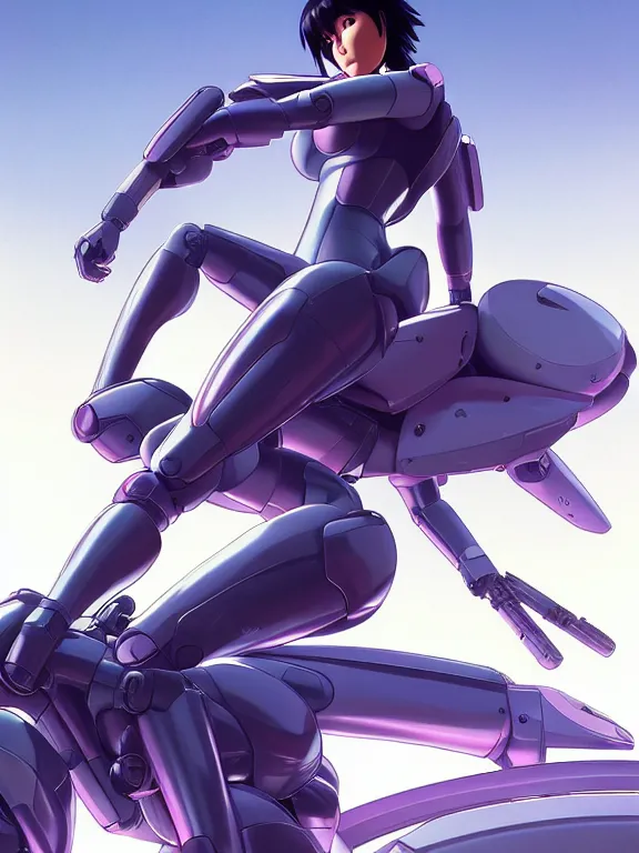 Image similar to a fullbody action still of motoko kusanagi riding on top of a tachikoma, the major ghost in the shell : : stand alone complex, under repairs, maintenance : : by ilya kuvshinov, rossdraws, artgerm, sola digital arts, anti aliasing, raytracing : :