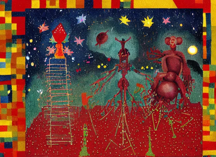 Image similar to pixel decollage painting tarot lovers card composition tower of babel road red armor maggot bear and wonky alien frog skeleton knight on a horse in a dark red cloudy night sky with golden foil jewish stars and diamonds, mountain lake and blossoming field in background, painted by Mark Rothko, Helen Frankenthaler, Danny Fox and Hilma af Klint, pixelated, neo expressionism, semi naive, pastel colors, cinematic, color field painting, cave painting, voxel, pop art look, outsider art, minimalistic. Bill Traylor painting, part by Philip Guston, Amano and Francis Bacon. art by Adrian Ghenie, very coherent symmetrical artwork, cinematic, hyper realism, high detail, octane render, unreal engine, Smooth gradients, depth of field, full body character drawing, extremely detailed, 8k, extreme detail, intricate detail, masterpiece