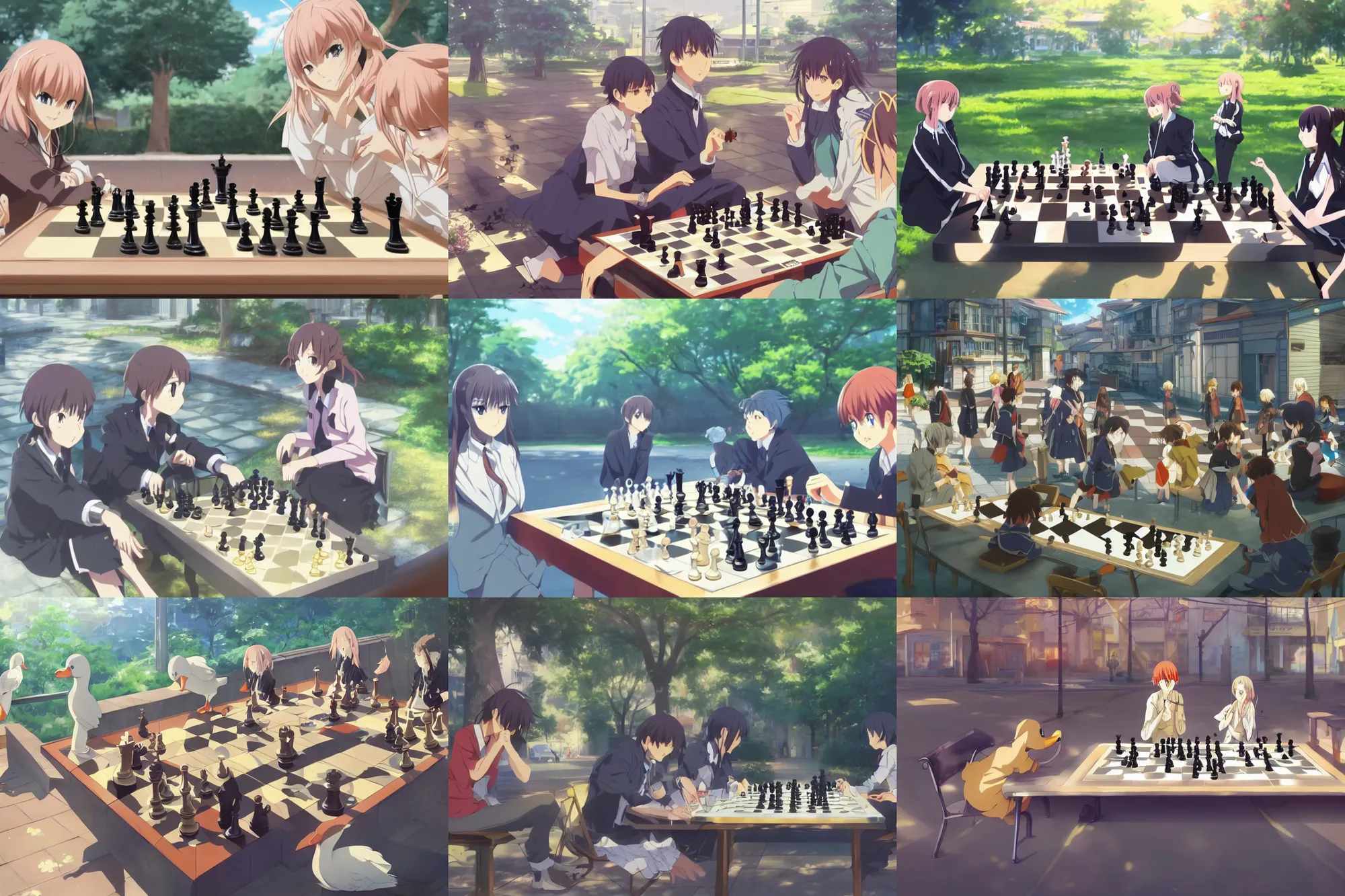Prompt: ducks playing chess outside, anime key visual, digital art, anime screenshot, kyoto animation, makoto shinkai, trending on artstation