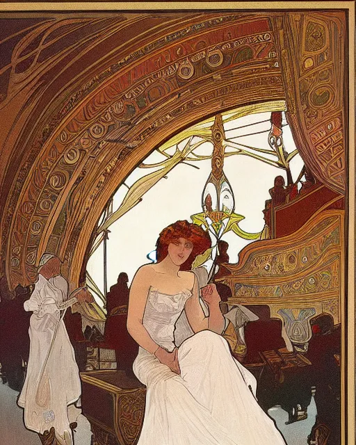 Image similar to painting alphonse mucha, interior of the opera house, view from the hall with a singer in a white dress on a lighted stage with an orchestra and audience in the hall, soft cinematic lighting, pastel color palette