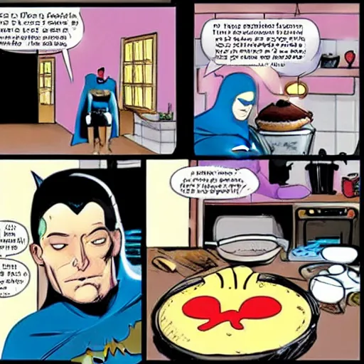 Image similar to batman baking a cake in a cozy french kitchen, comic book style