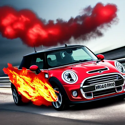 Prompt: a mini cooper ramping over a flaming bridge, digital art