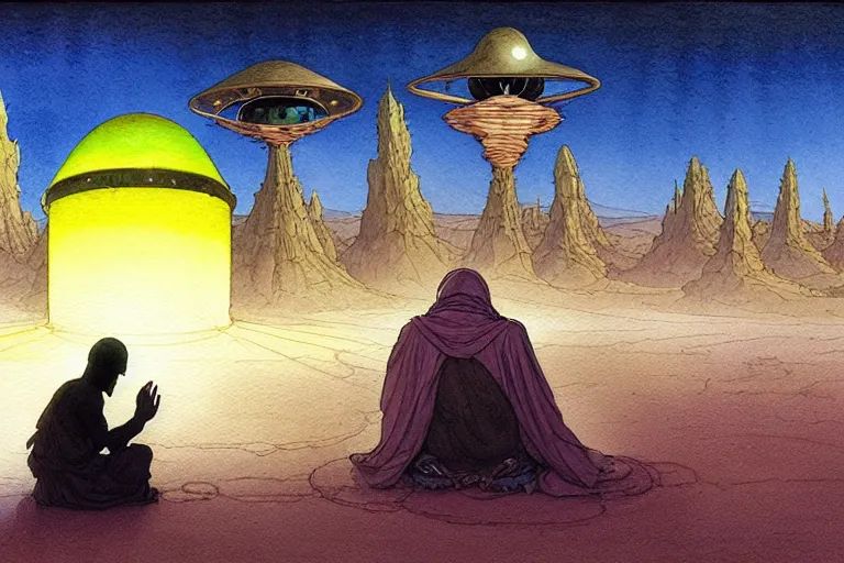 Image similar to a hyperrealist watercolour character concept art portrait of a middle eastern merchant praying in front of an alien with 1 2 eyes on a misty night in the desert. a ufo is in the background. by rebecca guay, michael kaluta, charles vess and jean moebius giraud