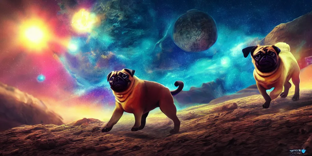 Image similar to giant pug walking on a planet, beautiful background, brightly colored, still, photograph, trending on artstation, dynamic lighting, cinematic, highly detailed, sharp focus, space, universe, stars