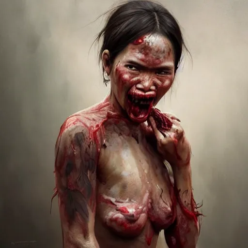 Prompt: portrait painting of a bloodied indonesian female butcher, mouth open, ultra realistic, concept art, intricate details, eerie, highly detailed, photorealistic, octane render, 8 k, unreal engine. art by artgerm and greg rutkowski and alphonse mucha
