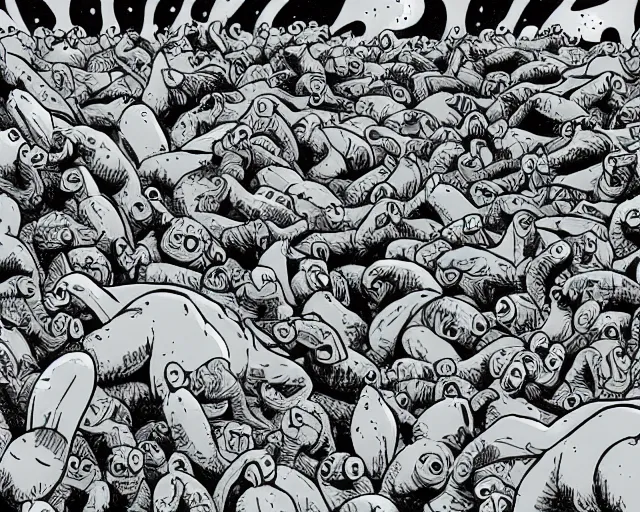 Image similar to A swarm of flying alien hippos animated by Pendleton Ward, extremely high detail, manga, ink