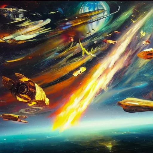 Prompt: An ultra high-resolution 8K full-canvas scan of a contemporary oil painting of a space battle with different kinds of ships that are fighting each other, fine art, trending, featured, 8k, photorealistic, dynamic, energetic, lively perspective, well-designed masterpiece, hyper detailed, unreal engine 5, IMAX quality, cinematic, epic lighting, light and shadow, ocean caustics, digital painting overlaid with aizome patterns, by Ohara Koson and Thomas Kinkade, traditional Japanese colors, superior quality