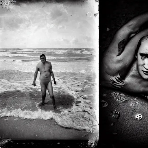 Image similar to a wet plate photo of shrek with tattoos, laying on the beach, pelicans, sunny, tide, beautiful, black and white