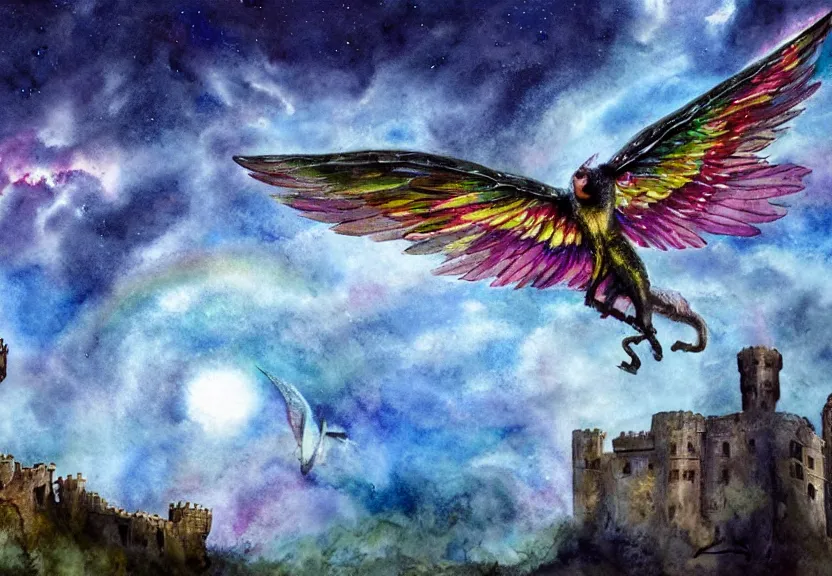 Image similar to legendary rainbow winged possum flying over a medieval castle at night under the dark starred sky, dark fantasy, watercolor, dreaming illusion, highly detailed, 4k, trending on Artstation