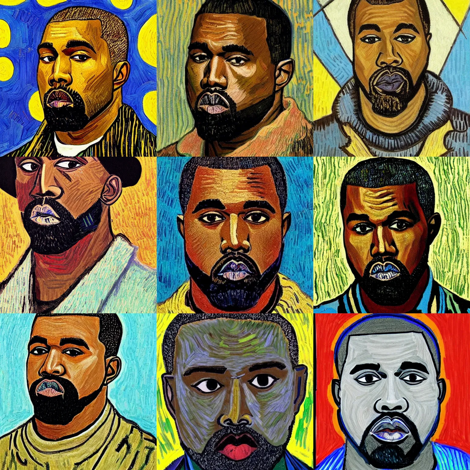 Prompt: portrait of Kanye West by Picasso and van Gogh