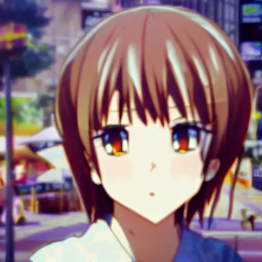 Prompt: grainy cheap nokia mobile phone footage of an anime girl spotted in real life, off center, at an angle, found footage, small filesize, jpeg artifacting and ringing, noisy and blurry, creepy uncanny valley, smiling