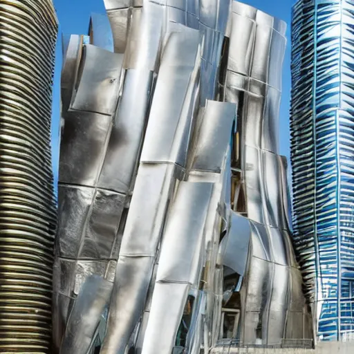 Prompt: a massive tinfoil building by frank gehry and philippe starck