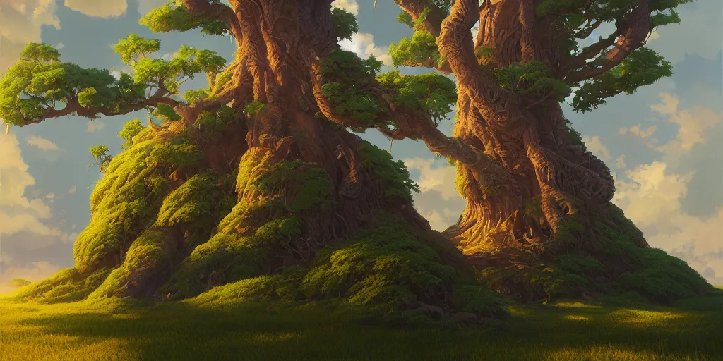 Prompt: a tree, highly detailed oil painting, rhads, Bruce Pennington, Studio Ghibli, tim hildebrandt, digital art, octane render, beautiful composition, trending on artstation, award-winning photograph, masterpiece