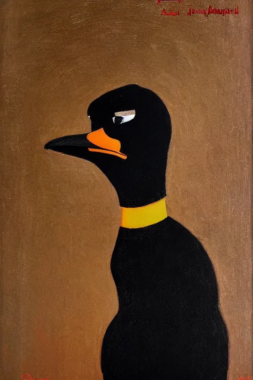 Image similar to a closer personal portrait of daffy duck with very piercing eyes, very charismatic. in the old ancient luxor temple. masterpiece, dark. painted by norman rockwell and james gurney