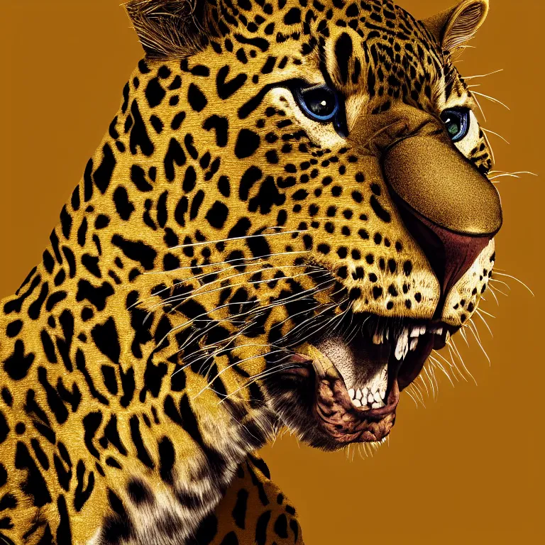 Image similar to octane render portrait by national geographic and wayne barlow and carlo crivelli and glenn fabry and pixar, a giant colorful furry realistic beautiful leopard wearing a hype beast bucket hat and a huge number of gold chains, cinema 4 d, ray traced lighting, very short depth of field, bokeh