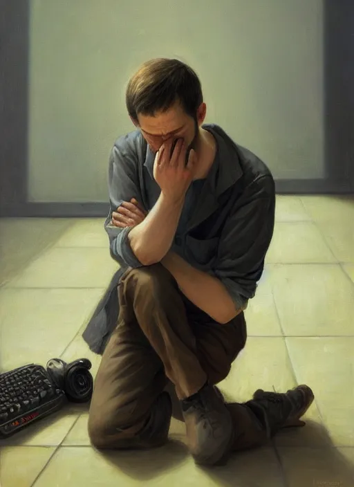 Prompt: insanely detailed chiaroscuro image of a sleepy - looking programmer guy on his knees facing his glowing ultrawide monitor begging it for forgiveness, oil on canvas, masterwork, fine detail, trending on artstation, emotive, insanely compelling, ryden, koons, moebius