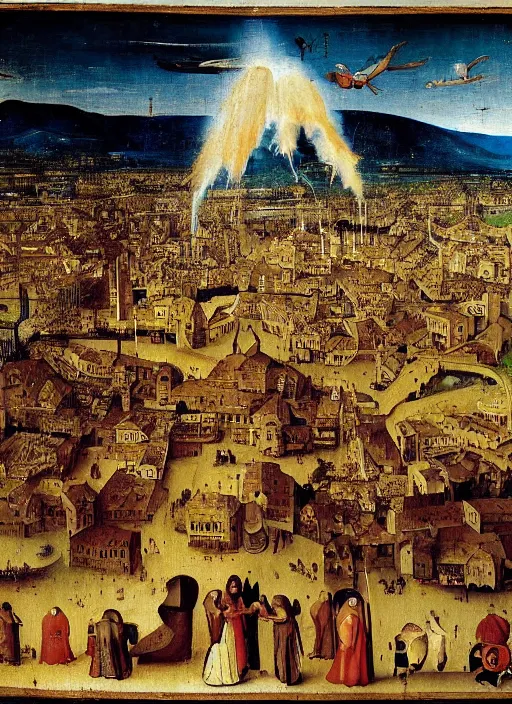 Image similar to Florence on fire, wildfire, Medieval painting by Jan van Eyck, Hieronymus Bosch