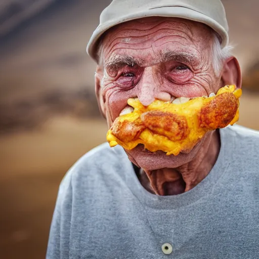 Image similar to an elderly man wearing a mask made from a cheeseburger, bold natural colors, national geographic photography, masterpiece, 8 k, raw, unedited, symmetrical balance