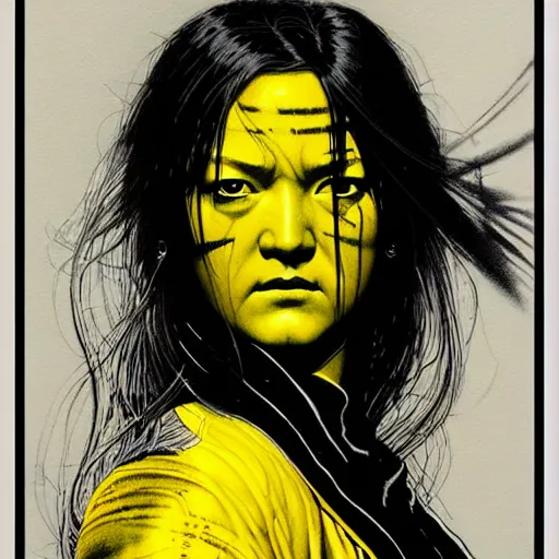 Prompt: portrait soft light, by frank mccarthy and killian eng and joe fenton, inspired by kill bill, yellow only, etching and airbrush, fine, sharp high detail